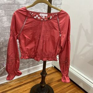 S, Red Carter Pintuck Long Sleeve Blouse With Guipure Lace-Eyelet details & back